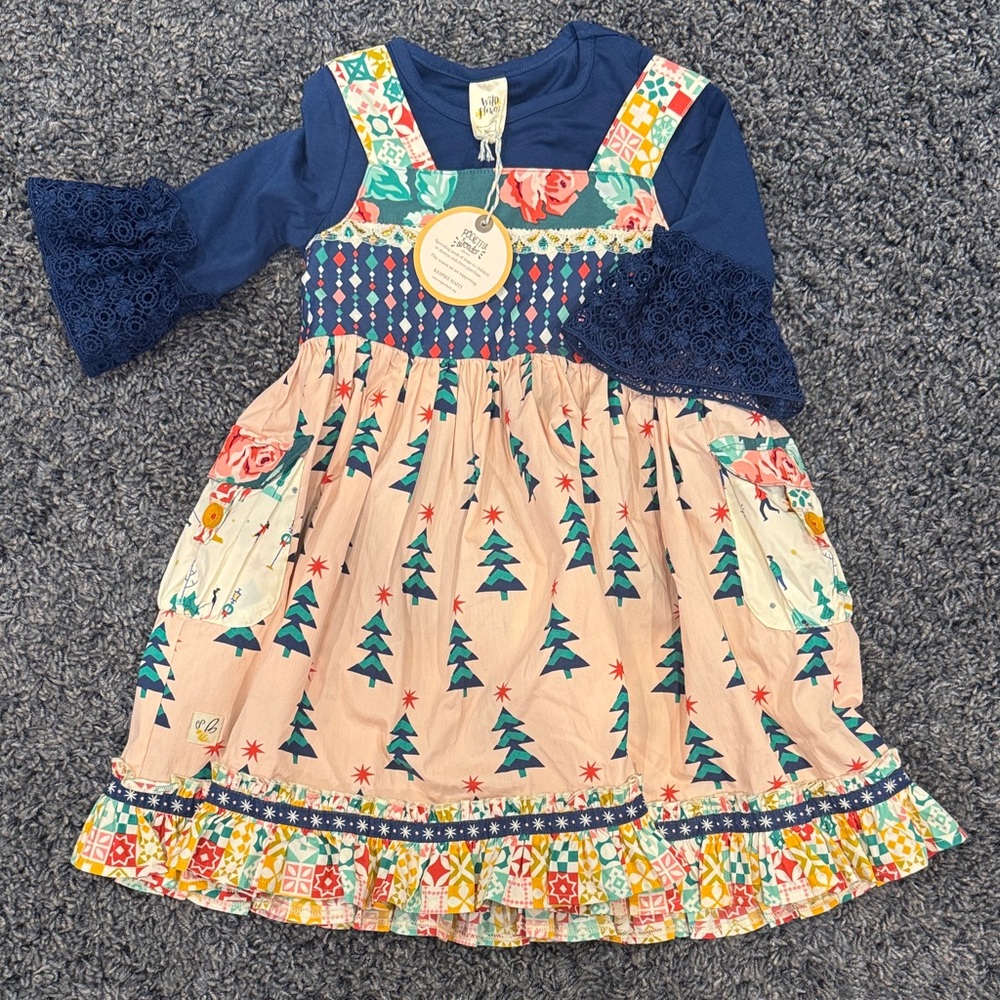 NWT Wildflowers Deck the Halls Christmas dress, with blue top size 4